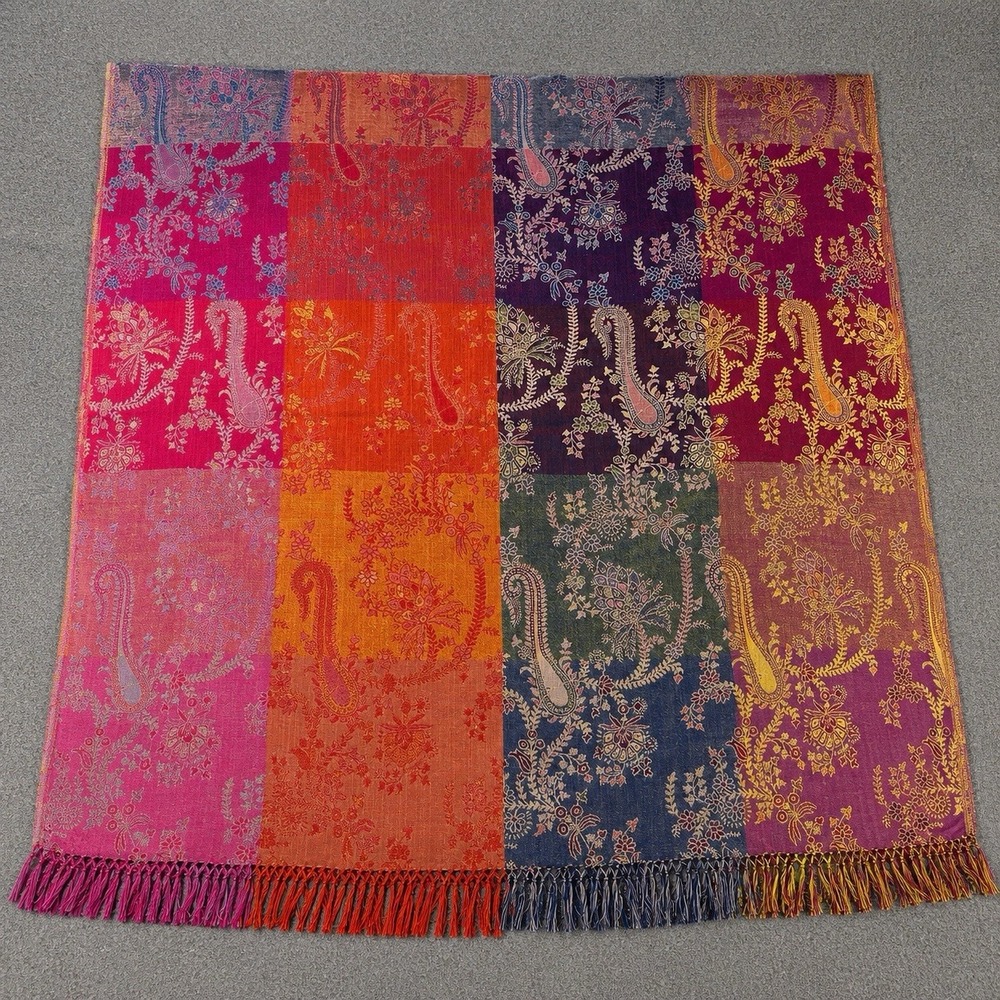 Smithsonian Kashmir India Paisley Jacquard Wool Shawl Wrap Fringe Multicolor 42"